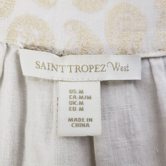St. Tropez West Womens Tank Top Medium 100% Linen V Neck Ivory Gold Paisley - Picture 7 of 8